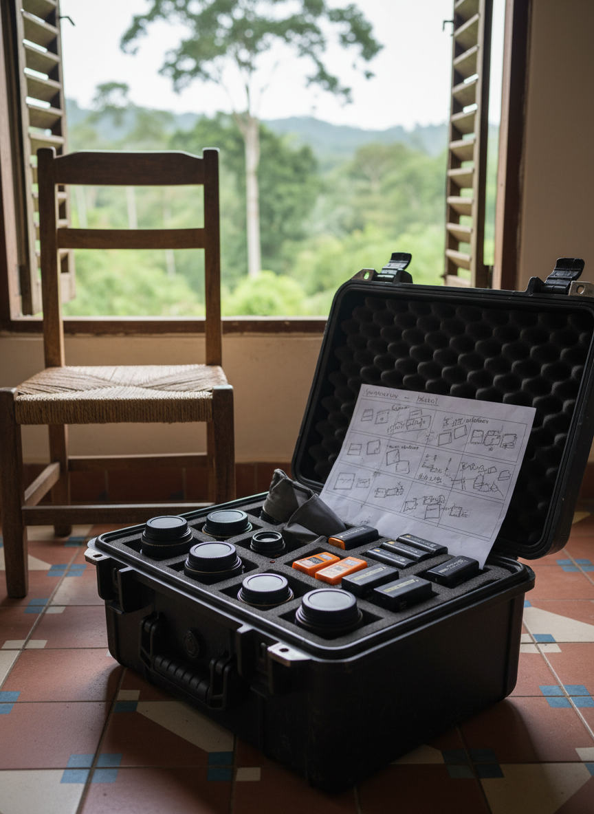 A sturdy waterproof equipment case, slightly open to reveal neatly arranged lenses, batteries, memory cards, and a folded storyboard annotated with pencil sketches and arrows. The case rests on the floor of a modest guesthouse room with patterned tiles and a simple wooden chair, while an open window reveals a blurred glimpse of lush East African greenery outside. Overcast daylight provides soft, diffused lighting, removing harsh contrasts and highlighting practical textures: foam padding, weathered plastic, and paper fibers. Photographic realism, shot from a low, three-quarter angle, with a calm, grounded atmosphere that suggests readiness for on-location documentary shooting.