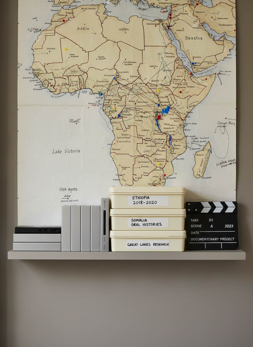 A minimalist shelf of neatly arranged external hard drives, labeled archival cases, and a discreet clapperboard, all resting against a matte, warm gray wall. A printed map of East Africa with handwritten notes and colored pins is partially visible behind the equipment, hinting at locations and stories. Diffused daylight from an unseen window creates soft, even illumination and delicate shadows, emphasizing textures of brushed metal, matte plastic, and paper. Photographic realism, shot straight-on with symmetrical framing and sharp focus throughout, conveying an organized, methodical, and respectful approach to preserving sensitive documentary material and regional narratives.